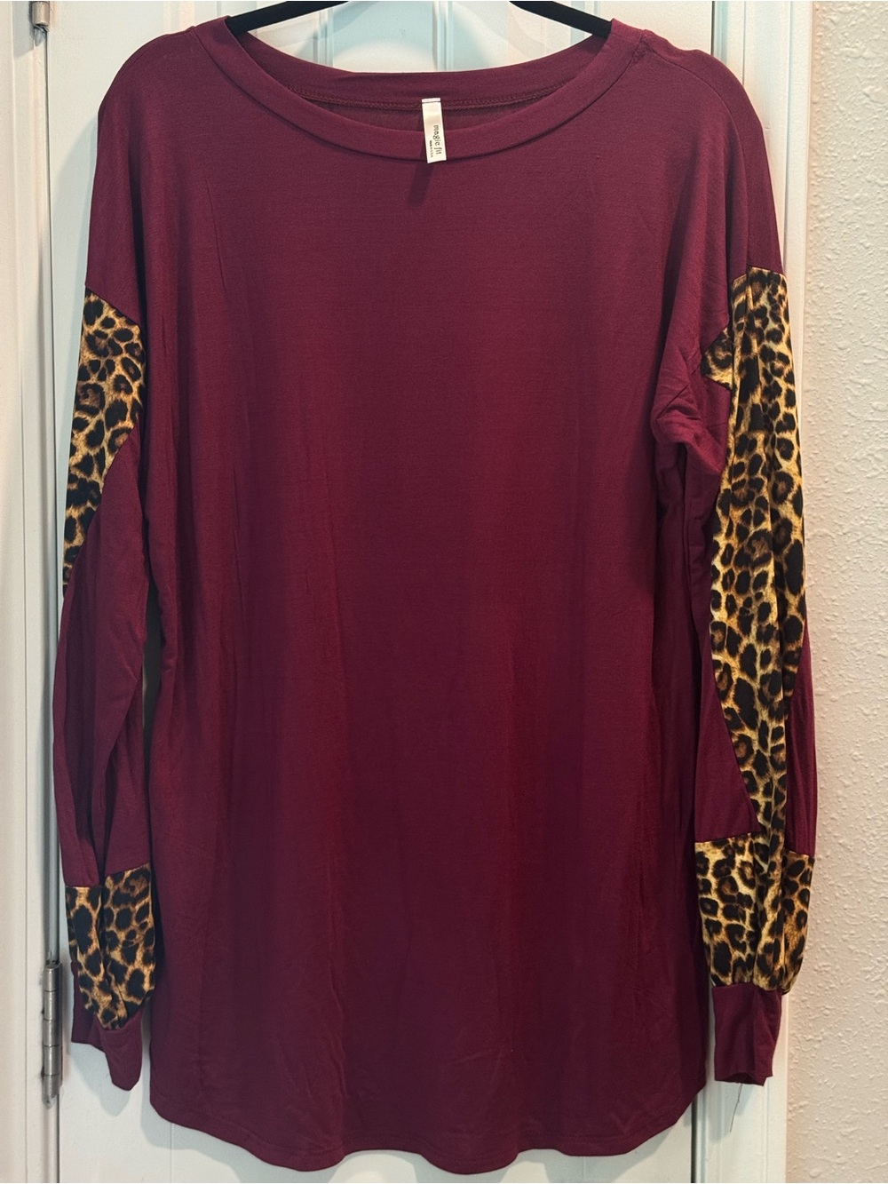 Magic Fit Maroon Long Sleeve Top with Leopard Accent Sleeves
